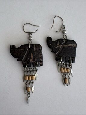 Handcrafted Elephant Coconut Shell Dangle Earrings in Dark Brown and Silver